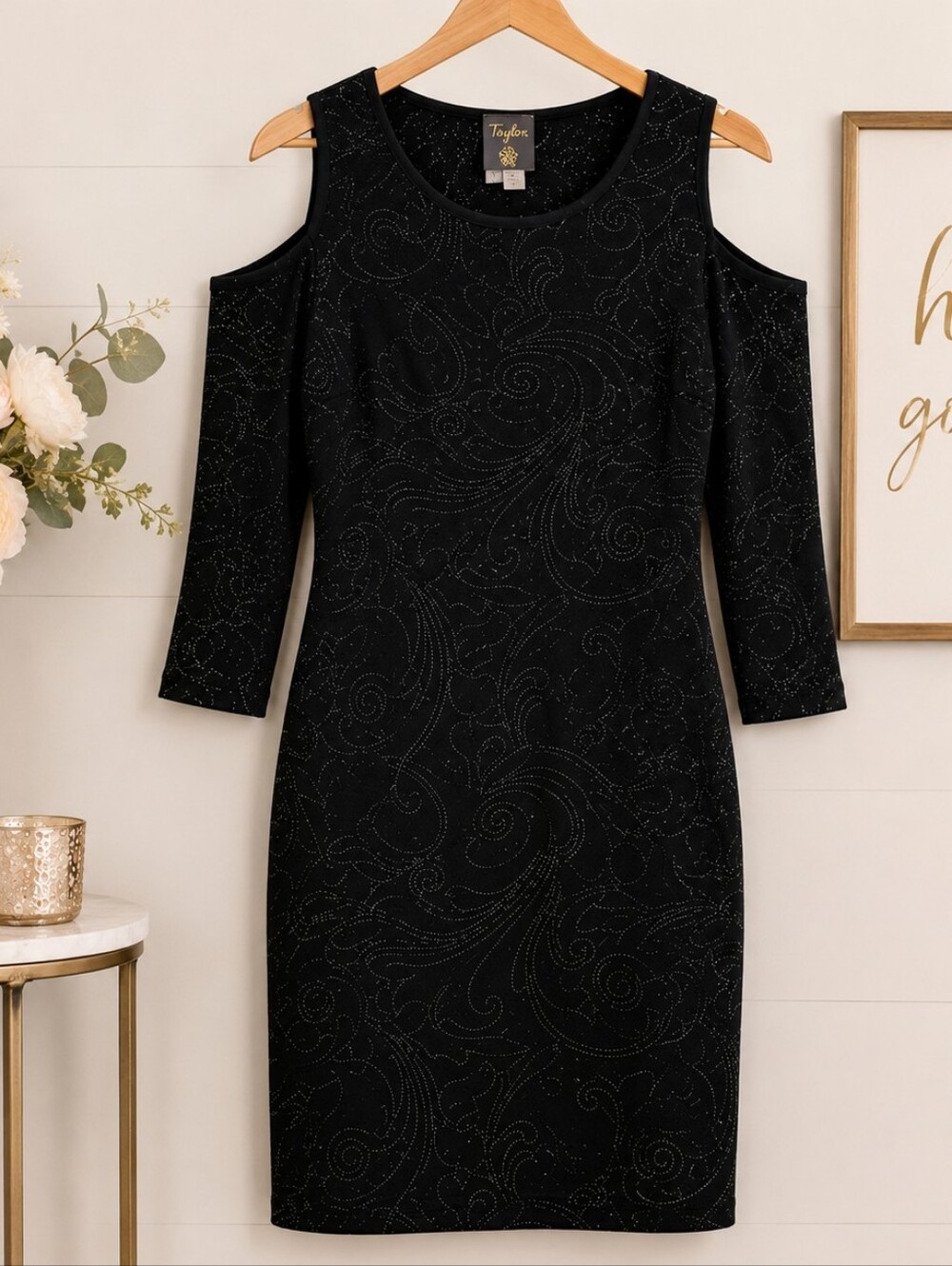 Taylor Black Gunmetal Shimmer Cold Shoulder Dress Size Medium NWT